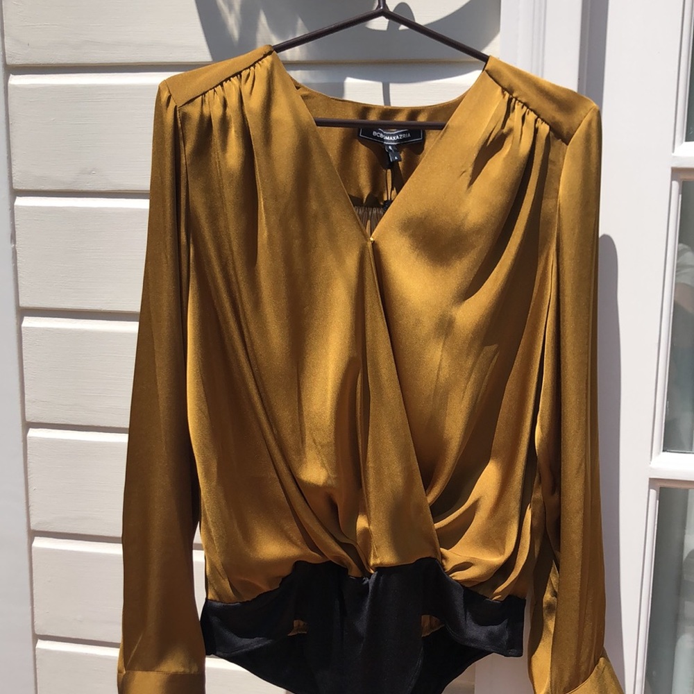 Bcbg long sleeve satin wrap bodysuit